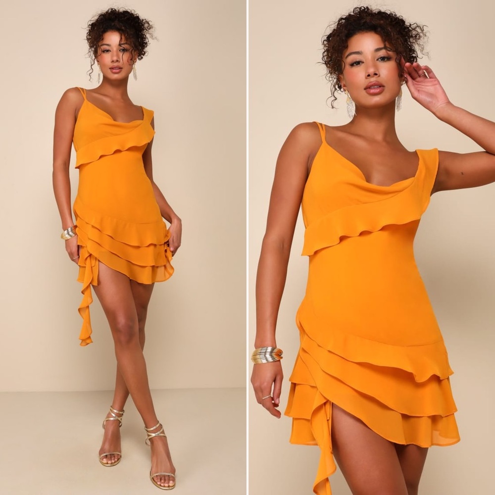 Lulu's Mustard Yellow Ruffle Mini Dress